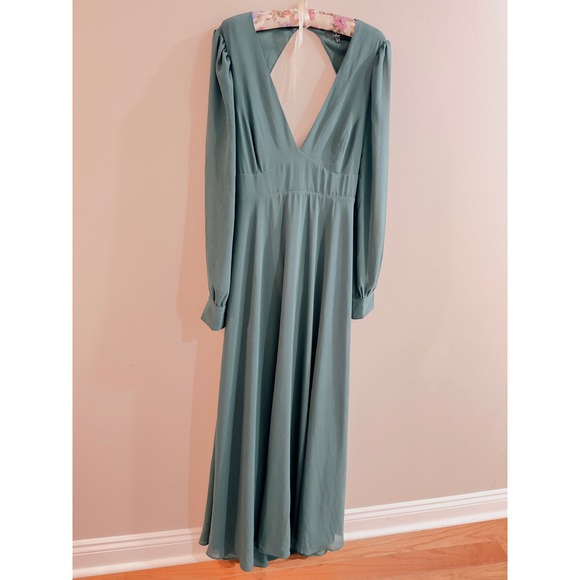 Lulus Hunter Green Long Sleeve Plunge Neck Maxi Dress XL Tie Back Formal Evening - Picture 4 of 9
